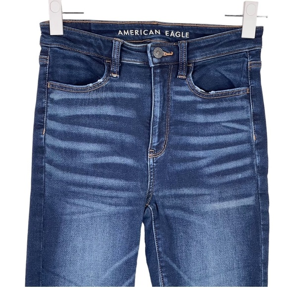 American Eagle Super Hi Rise Jegging 2 Ripped Knees Dark Wash Stretch Denim - Picture 3 of 12